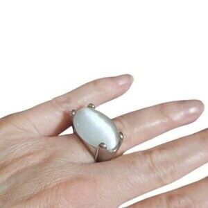 Vintage Silver Tone Huge Statement Gray Oval Cats Eye Fashion Ring  Sz 7.75